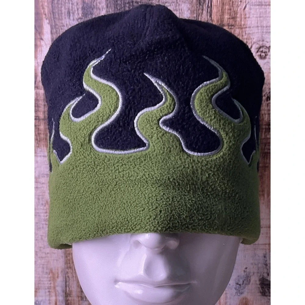 LL Bean Beanie Boys Large Green/Black Fleece Flame Print